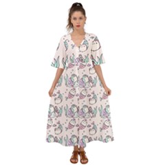 Cartoon Cat Cute Animal Design Drawing Illustration Kawaii Kimono Sleeve Boho Dress by Grandong
