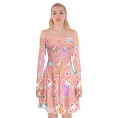 Cute Kawaii Kittens Seamless Pattern Off Shoulder Skater Dress by Grandong