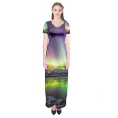 Aurora Borealis Polar Northern Lights Natural Phenomenon North Night Mountains Short Sleeve Maxi Dress by Grandong
