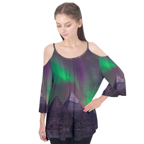 Aurora Northern Lights Phenomenon Atmosphere Sky Flutter Sleeve T-shirt  by Grandong