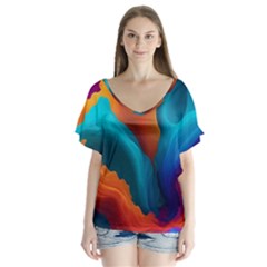 Colorful Fluid Art Abstract Modern V-neck Flutter Sleeve Top by Ravend