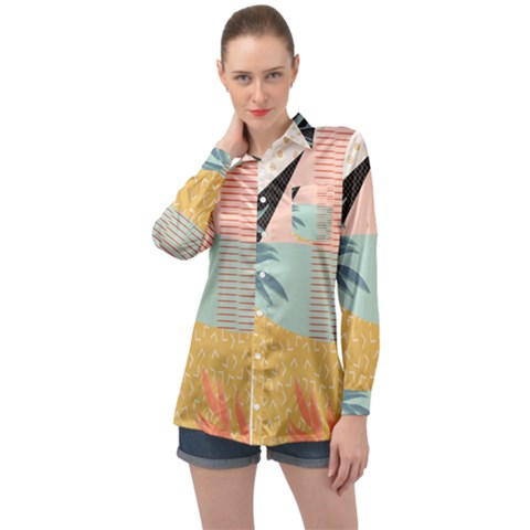 Leaves Pattern Design Colorful Decorative Texture Long Sleeve Satin Shirt by Vaneshop