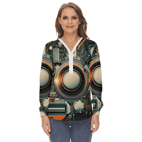 Illustrations Technology Robot Internet Processor Zip Up Long Sleeve Blouse by Vaneshop