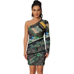 Computer Ram Tech - Long Sleeve One Shoulder Mini Dress by Amaryn4rt
