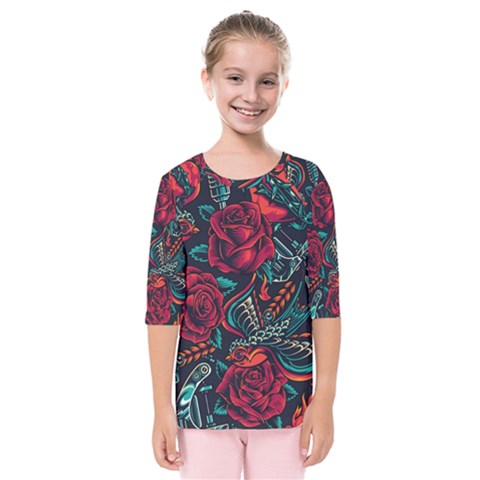 Vintage Flash Tattoos Designs Seamless Pattern Kids  Quarter Sleeve Raglan T-shirt by Amaryn4rt