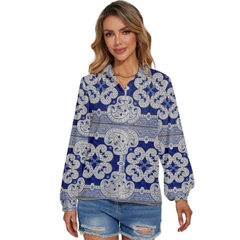 Ceramic-portugal-tiles-wall Women s Long Sleeve Button Up Shirt by Amaryn4rt