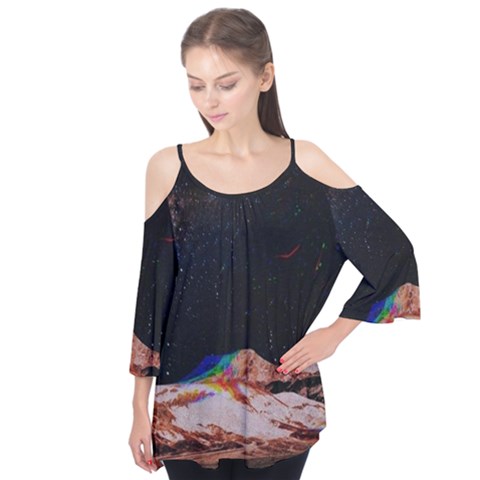 Retro Vintage Space Galaxy Flutter Sleeve T-shirt  by Pakjumat