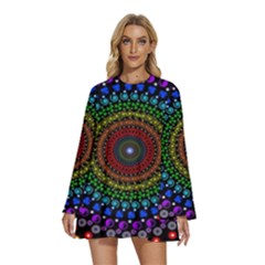 3d Psychedelic Shape Circle Dots Color Round Neck Long Sleeve Bohemian Style Chiffon Mini Dress by Modalart