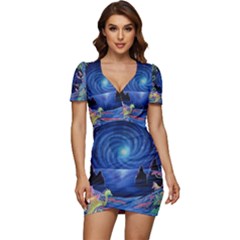 Psychedelic Mushrooms Psicodelia Dream Blue Low Cut Cap Sleeve Mini Dress by Modalart