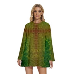 Psychedelic Screen Trippy Round Neck Long Sleeve Bohemian Style Chiffon Mini Dress by Modalart