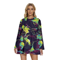 Artistic Psychedelic Abstract Round Neck Long Sleeve Bohemian Style Chiffon Mini Dress by Modalart