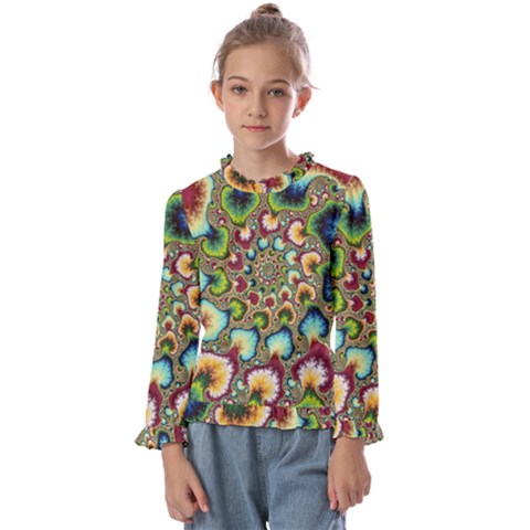 Colorful Psychedelic Fractal Trippy Kids  Frill Detail T-shirt by Modalart
