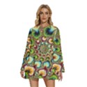 Colorful Psychedelic Fractal Trippy Round Neck Long Sleeve Bohemian Style Chiffon Mini Dress View1