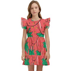 Texture Sweet Strawberry Dessert Food Summer Pattern Kids  Winged Sleeve Dress by Sarkoni