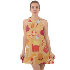 Fast Junk Food  Pizza Burger Cool Soda Pattern Halter Tie Back Chiffon Dress by Sarkoni