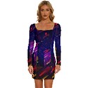 Vector Design Gamming Sytle Retro Art Pattern Long Sleeve Square Neck Bodycon Velvet Dress View1