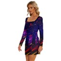 Vector Design Gamming Sytle Retro Art Pattern Long Sleeve Square Neck Bodycon Velvet Dress View2