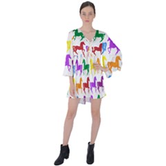 Colorful Horse Background Wallpaper V-neck Flare Sleeve Mini Dress by Amaryn4rt