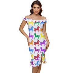 Colorful Horse Background Wallpaper Off Shoulder Ruffle Split Hem Bodycon Dress by Amaryn4rt