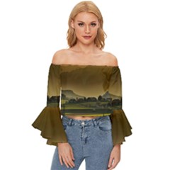 Mountains Village Trees Hills Off Shoulder Flutter Bell Sleeve Top by Sarkoni