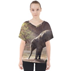 Baby Elephant Watering Hole V-neck Dolman Drape Top by Sarkoni