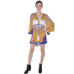 Vector Graphic Clipart Mountains V-neck Flare Sleeve Mini Dress by Sarkoni