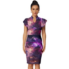Cloud Heaven Storm Chaos Purple Vintage Frill Sleeve V-neck Bodycon Dress by Sarkoni