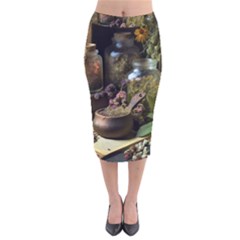 Apothecary Old Herbs Natural Velvet Midi Pencil Skirt by Sarkoni