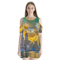 Boston Skyline Cityscape River Shoulder Cutout Velvet One Piece by Sarkoni
