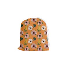 Flower Orange Pattern Floral Drawstring Pouch (small) by Dutashop