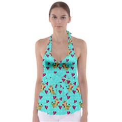 Cat Love Pattern Tie Back Tankini Top by Ravend