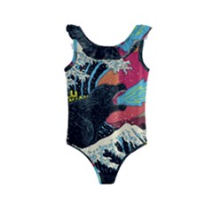 Retro Wave Kaiju Godzilla Japanese Pop Art Style Kids  Frill Swimsuit by Modalart