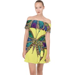 Butterfly Mosaic Yellow Colorful Off Shoulder Chiffon Dress by Amaryn4rt