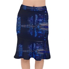 Illuminated Cityscape Against Blue Sky At Night Short Mermaid Skirt by Modalart