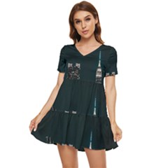 Skyline Photography Of Buildings Tiered Short Sleeve Babydoll Dress by Modalart