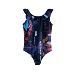 Roadway Surrounded Building During Nighttime Kids  Frill Swimsuit by Modalart