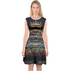 Blue Yellow And Green Lighted Pagoda Tower Capsleeve Midi Dress by Modalart