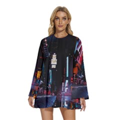 Roadway Surrounded Building During Nighttime Round Neck Long Sleeve Bohemian Style Chiffon Mini Dress by Modalart