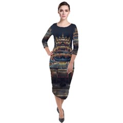 Blue Yellow And Green Lighted Pagoda Tower Quarter Sleeve Midi Velour Bodycon Dress by Modalart