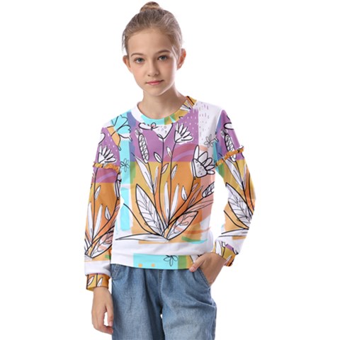 Flower Leaves Foliage Grass Doodle Kids  Long Sleeve T-shirt With Frill  by Grandong