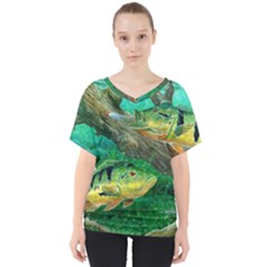 Peacock Bass Fishing V-neck Dolman Drape Top by Sarkoni