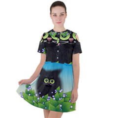 Kitten Black Furry Illustration Short Sleeve Shoulder Cut Out Dress  by Sarkoni