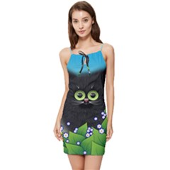 Kitten Black Furry Illustration Summer Tie Front Dress by Sarkoni