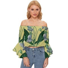 Botanical Plants Green Off Shoulder Flutter Bell Sleeve Top by Sarkoni