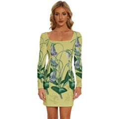 Botanical Plants Green Long Sleeve Square Neck Bodycon Velvet Dress by Sarkoni