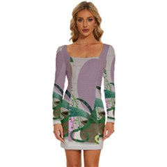 Botanical Plants Green Sheet Art Long Sleeve Square Neck Bodycon Velvet Dress by Sarkoni