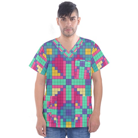 Checkerboard Squares Abstract Texture Patterns Men s V-neck Scrub Top by Apen