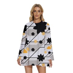 Flower Shape Abstract Pattern Round Neck Long Sleeve Bohemian Style Chiffon Mini Dress by Modalart
