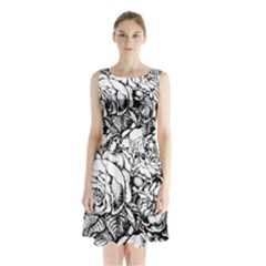 Roses Bouquet Flowers Sketch Sleeveless Waist Tie Chiffon Dress by Modalart