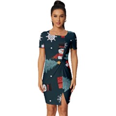 Snowmen Christmas Trees Fitted Knot Split End Bodycon Dress by Ravend
